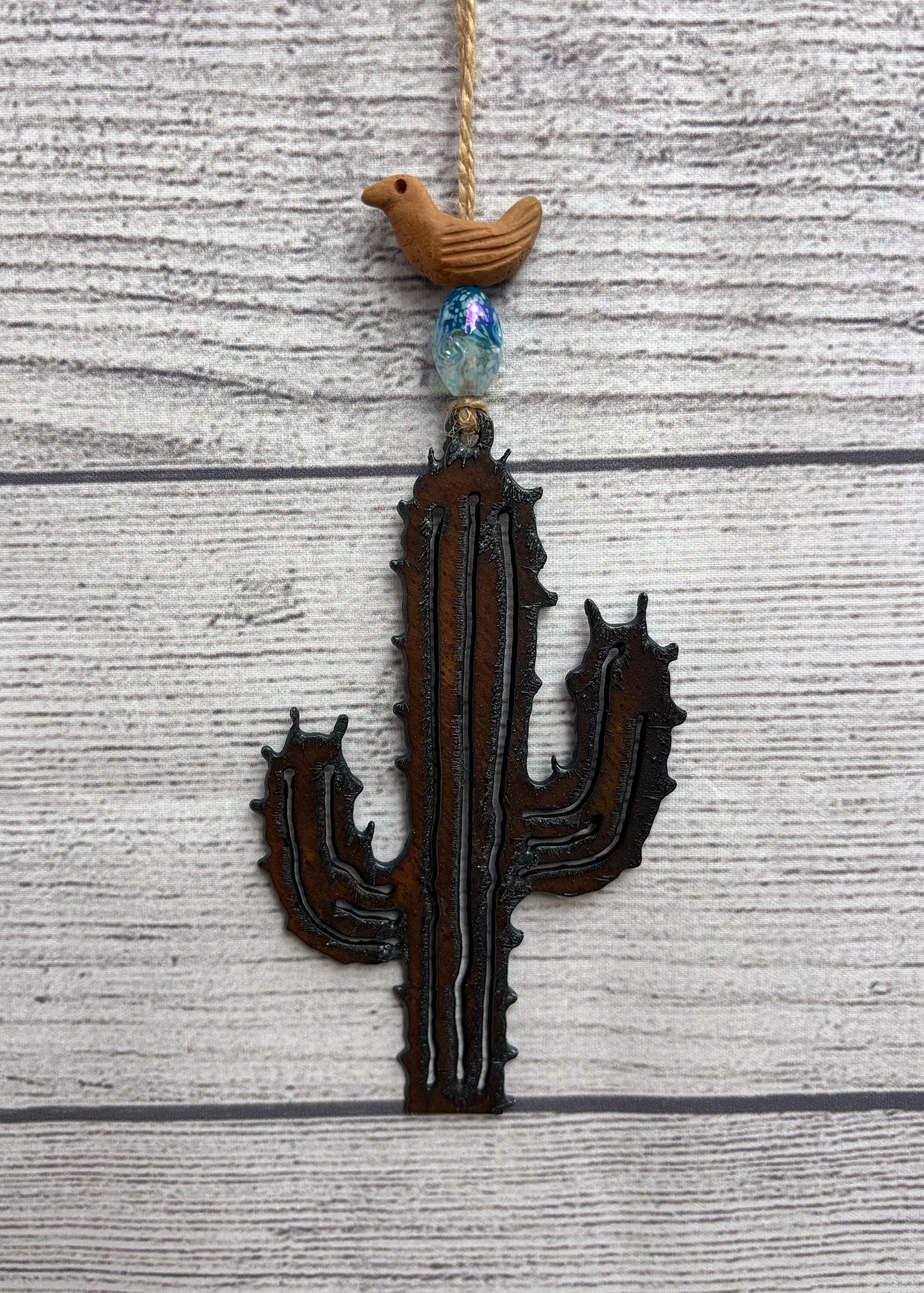 Rustic Saguaro & Bird Ornament
